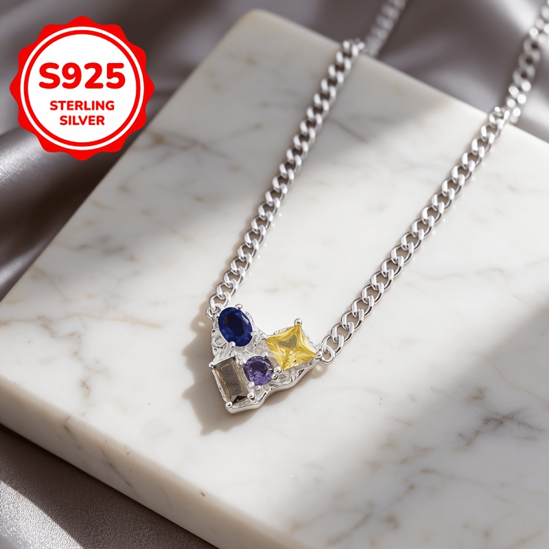 Women's 925 Sterling Silver Colored Heart Collarbone Necklace